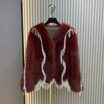 Faux Fur Coat with Beaded Fringe Tassels in Wine