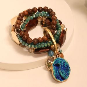 Multi Layered Bracelet with Natural Wood Charms in Blue