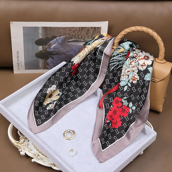 Romantic Floral Neck Silk Scarf in Black