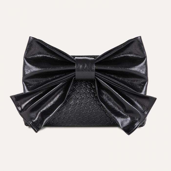 Bow Clutch Bag with Chain Strap in Black
