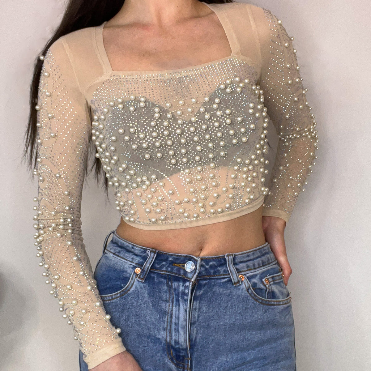 Dynasty: Nude Pearl Mesh Top