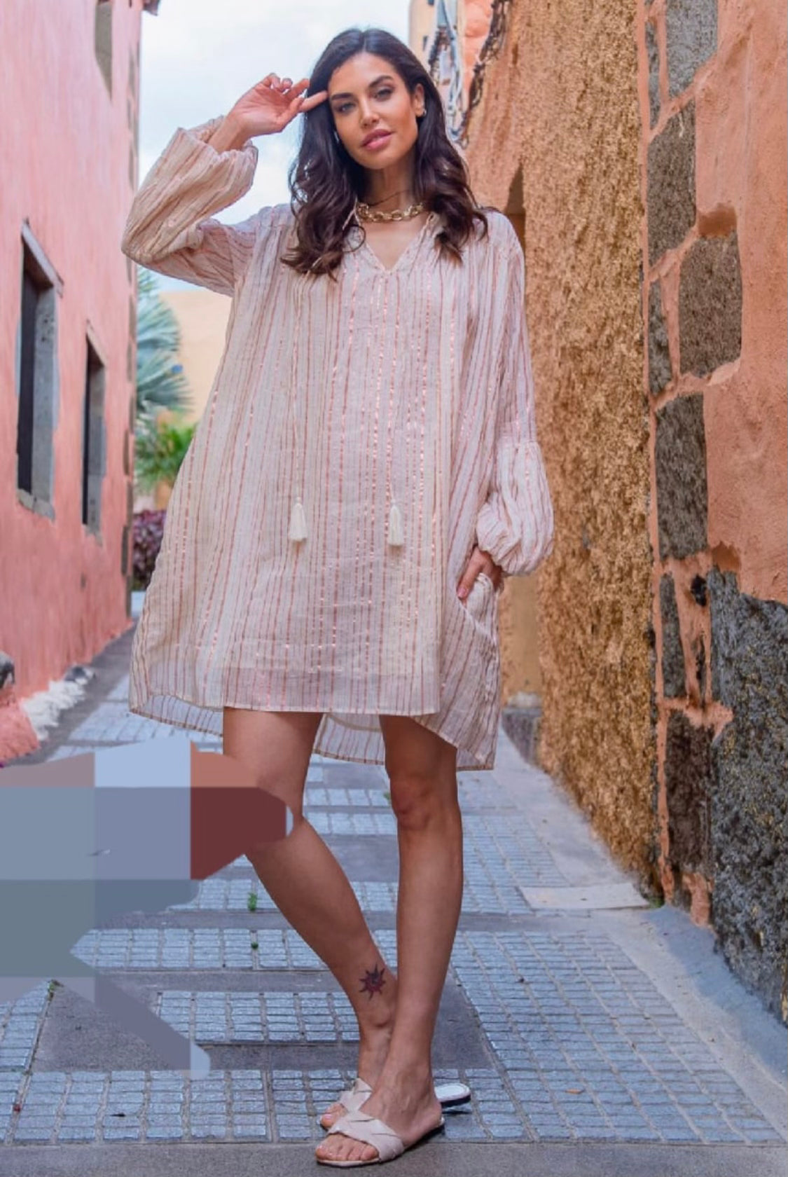 La Palma: Rose Radiance Foil Stripe Dress